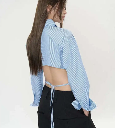 Women Purple Striped Backless Bandage Slim Blouse New Lapel Long Sleeve Shirt Fashion Tide Spring Autumn 2025 1DJ0065