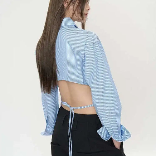 Load image into Gallery viewer, Women Purple Striped Backless Bandage Slim Blouse New Lapel Long Sleeve Shirt Fashion Tide Spring Autumn 2025 1DJ0065
