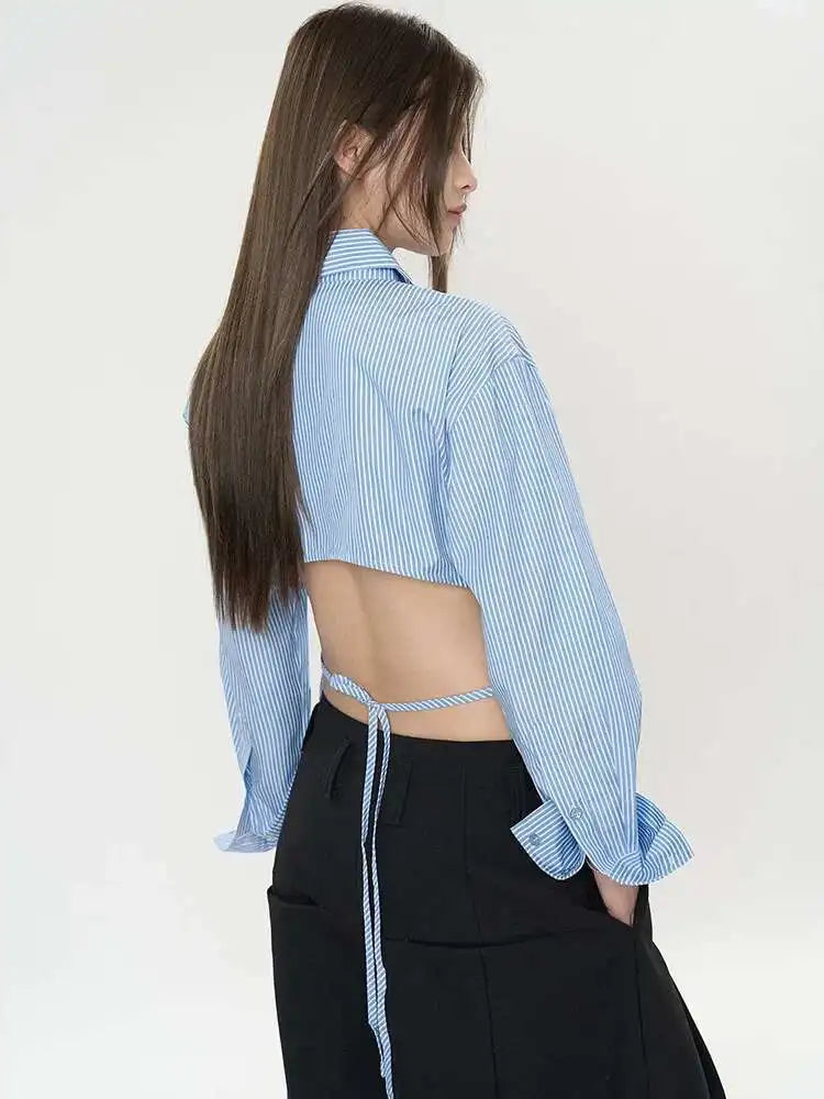 Women Purple Striped Backless Bandage Slim Blouse New Lapel Long Sleeve Shirt Fashion Tide Spring Autumn 2025 1DJ0065