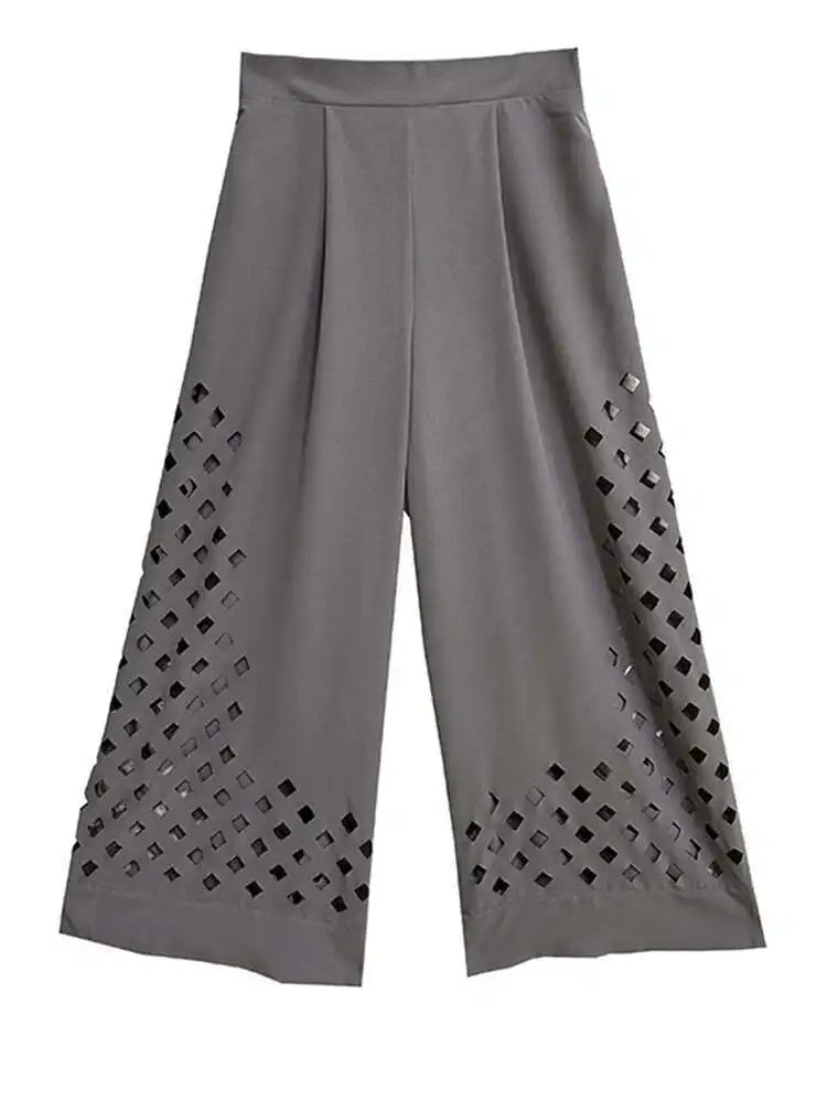 High Elastic Waist Gray Hollow Out Long Wide Leg Casual Pants New Trousers Women Fashion Tide Spring Autumn 2025  1DH9432