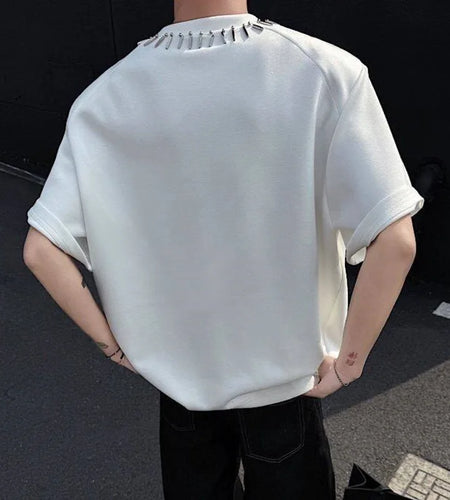 Summer Men's T-shirts Short Sleeve Round Collar Trendy Metal Decoration Loose Pad Shoulder Fashion Male Clothing 9W1710