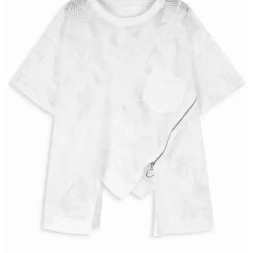 Load image into Gallery viewer, Women Embroidered Lace Zipper Irregular Big Size T-shirt New Round Neck Short Sleeve Fashion Spring Summer 2025 1DH6176
