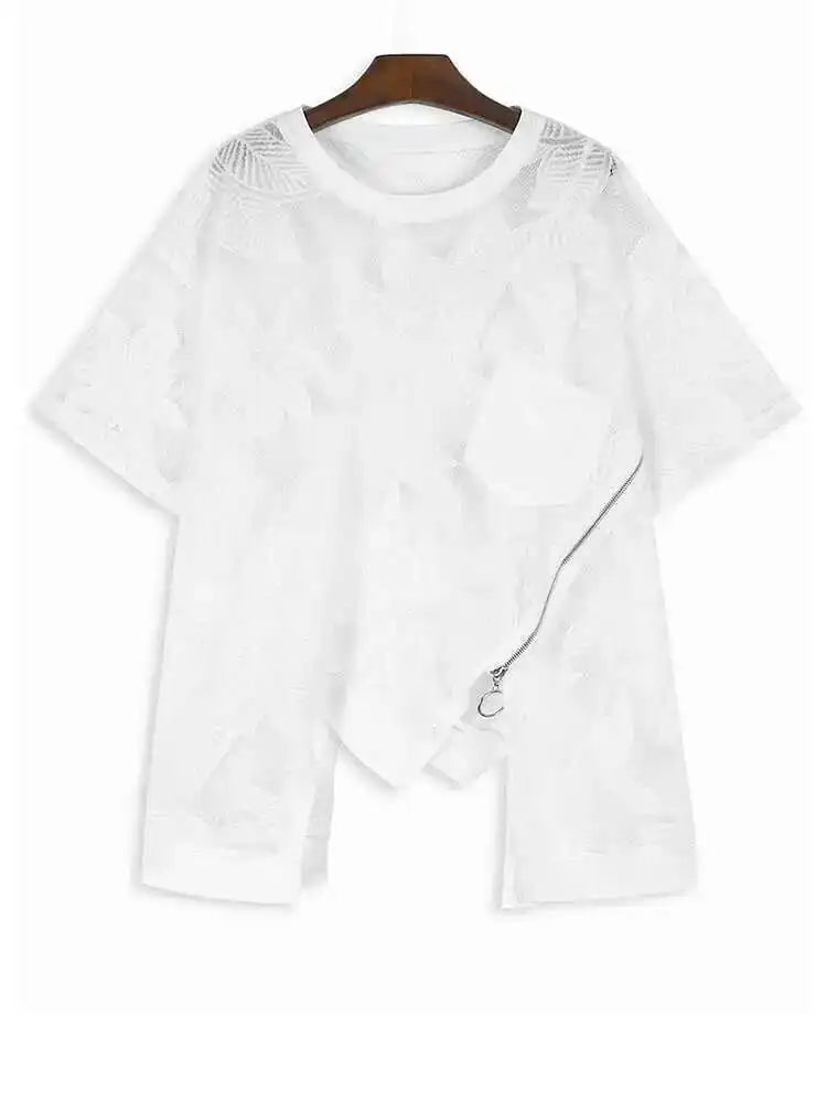 Women Embroidered Lace Zipper Irregular Big Size T-shirt New Round Neck Short Sleeve Fashion Spring Summer 2025 1DH6176