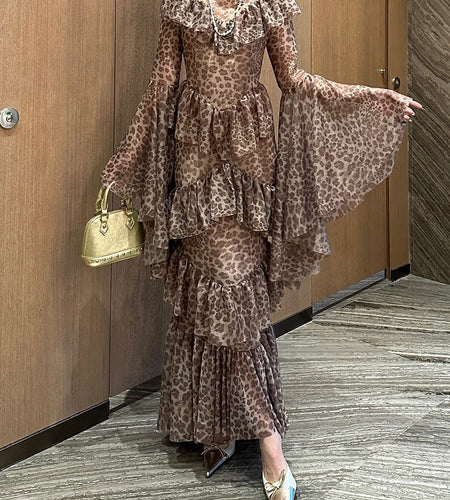 Leopard Slimming Spliced Ruffles Folds Sexy Dresses for Women High Neck Long Sleeves Sheer Elegant Dress Female New