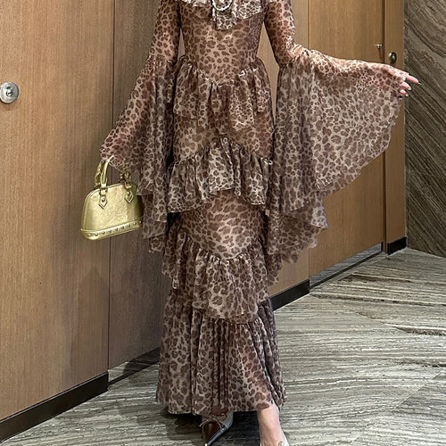 Load image into Gallery viewer, Leopard Slimming Spliced Ruffles Folds Sexy Dresses for Women High Neck Long Sleeves Sheer Elegant Dress Female New
