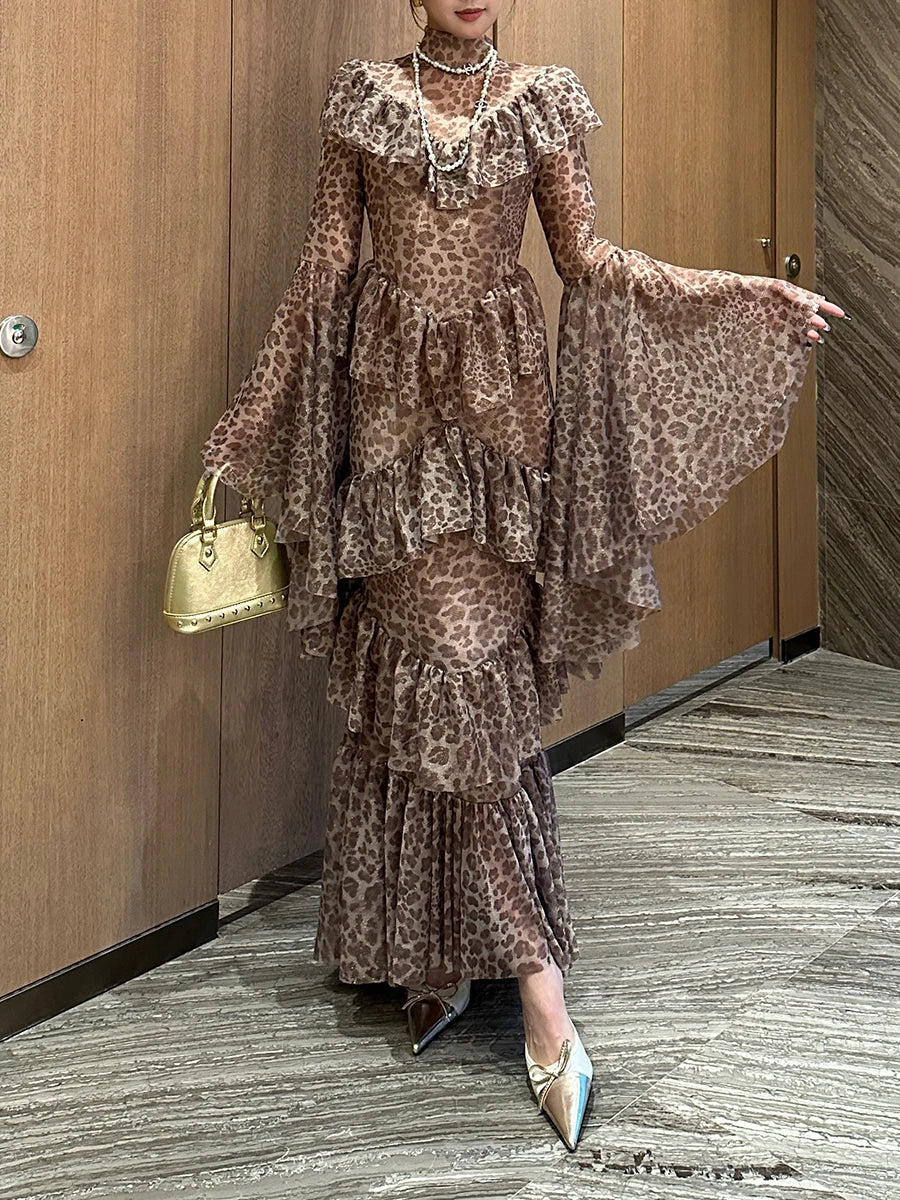 Leopard Slimming Spliced Ruffles Folds Sexy Dresses for Women High Neck Long Sleeves Sheer Elegant Dress Female New
