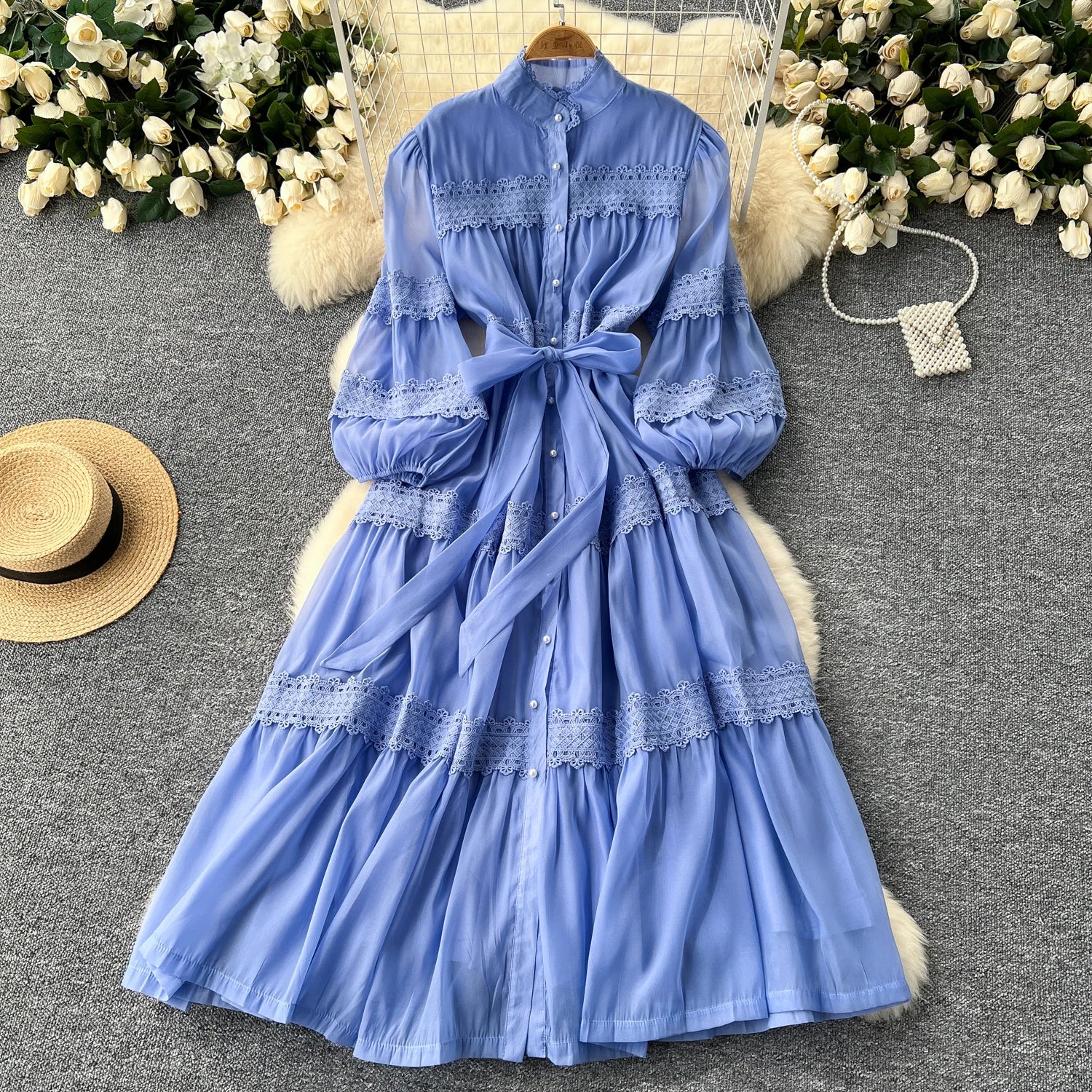 Vintage Women's Solid Single Breasted Bow Lace- Up Long Dress Autumn Lace Patchwork Long Sleeved Evening Party Princess Dresses