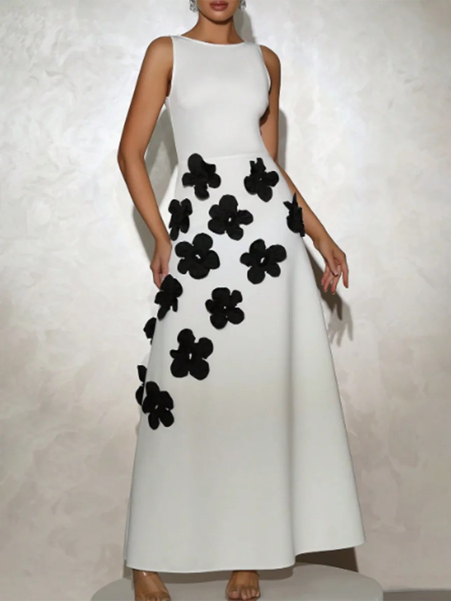 Slimming Spliced 3D Flower Temperament Dresses for Women Round Neck Sleeveless High Wasit Dress Female Clothing New