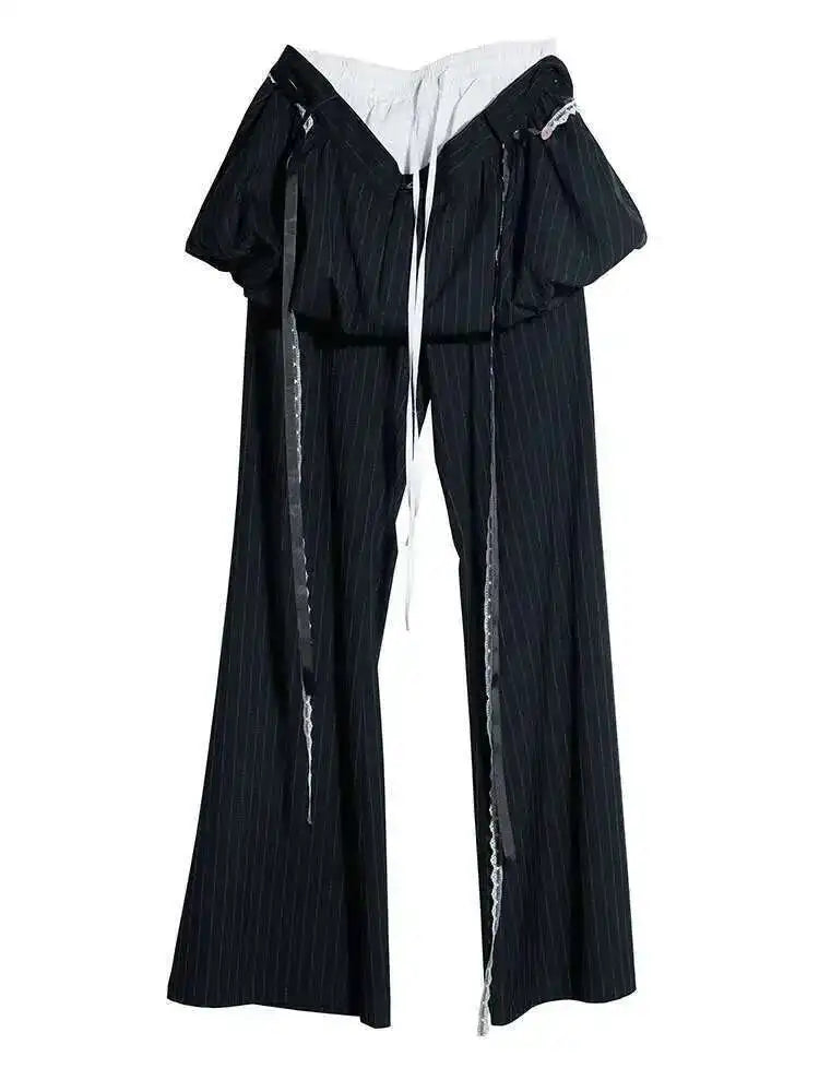 High Waist Balck Striped Bandage Shaped Long Wide Leg Pants New Trousers Women Fashion Tide Spring Autumn 2025 1DH7080