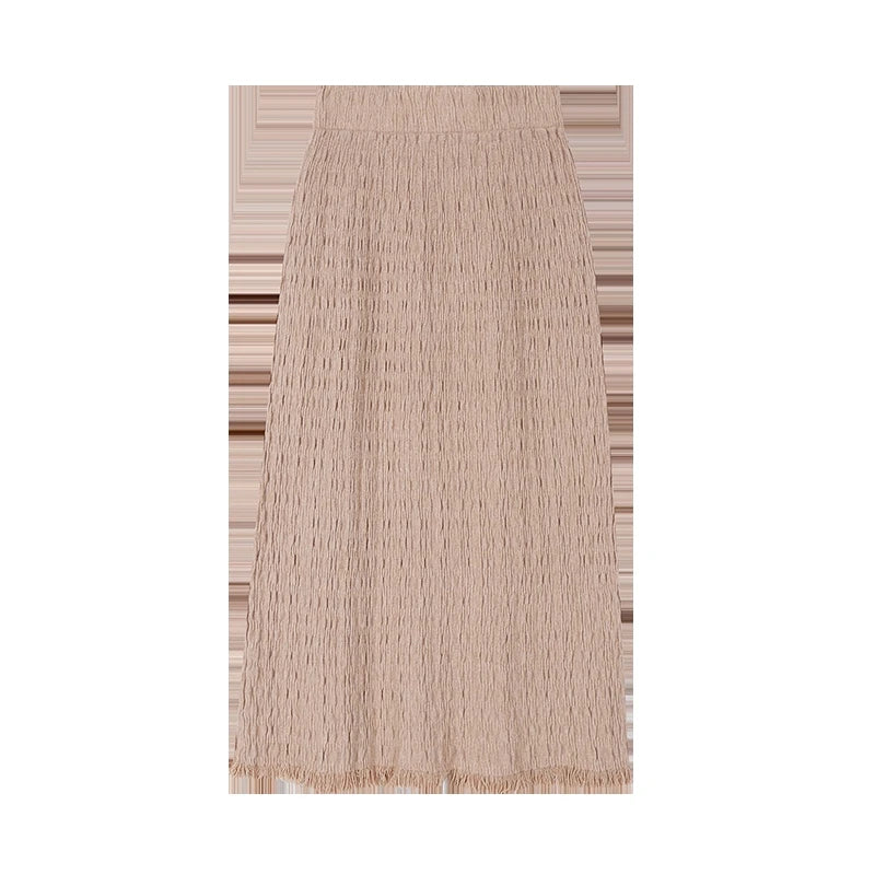 Women Solid Straight Slim Knitted Midi Skirt 2023 Autumn Winter Vintage Elegant Elastic High Waist Tassel Wrap Hip Skirts Female