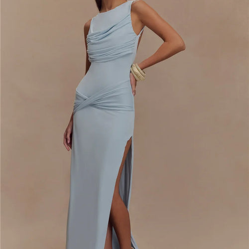 Load image into Gallery viewer, Backless Ruched Sexy Maxi Tank Dress Women Gown Summer New O Neck Thigh High Split Bodycon Elegant Long Dress Fashion
