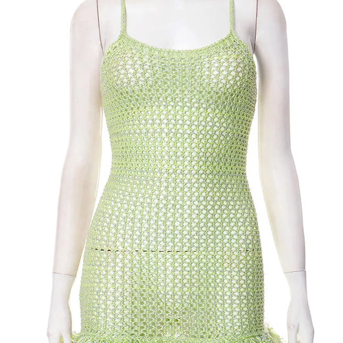 Load image into Gallery viewer, Spaghetti Strap Tassel Knit Mini Dress Women Summer New Hollow Out See Through Backless Beach Holiday Club Dress
