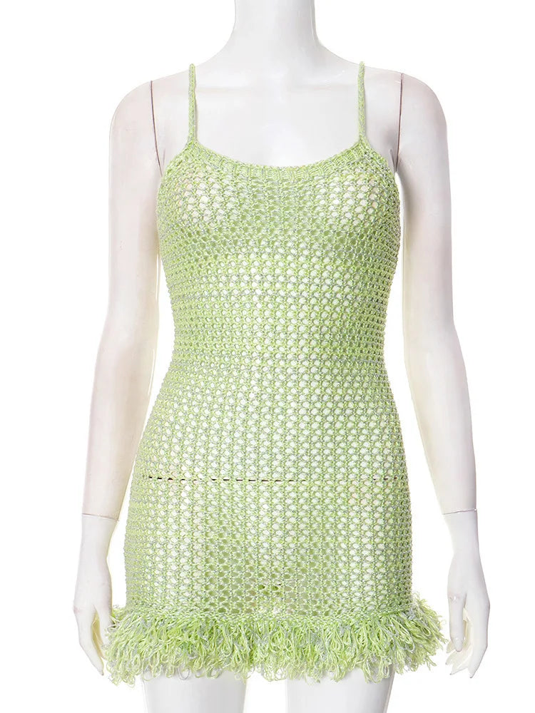 Spaghetti Strap Tassel Knit Mini Dress Women Summer New Hollow Out See Through Backless Beach Holiday Club Dress