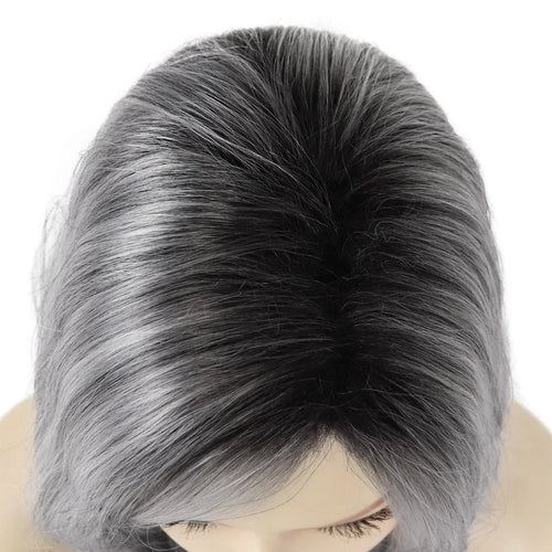 Load image into Gallery viewer, Synthetic Short Grey Bob Wig with Side Bangs Black Roots Seniors Womens Wig Natural Haircuts Ombre Elderly Curly Hair
