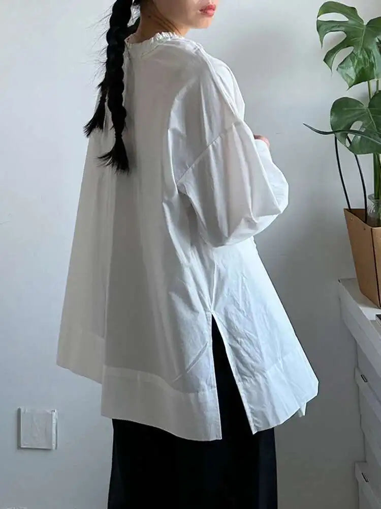 Women White Ruffles Elegant Big Size Long Blouse New V-neck Long Sleeve Shirt Fashion Tide Spring Autumn 2025 1DJ0732
