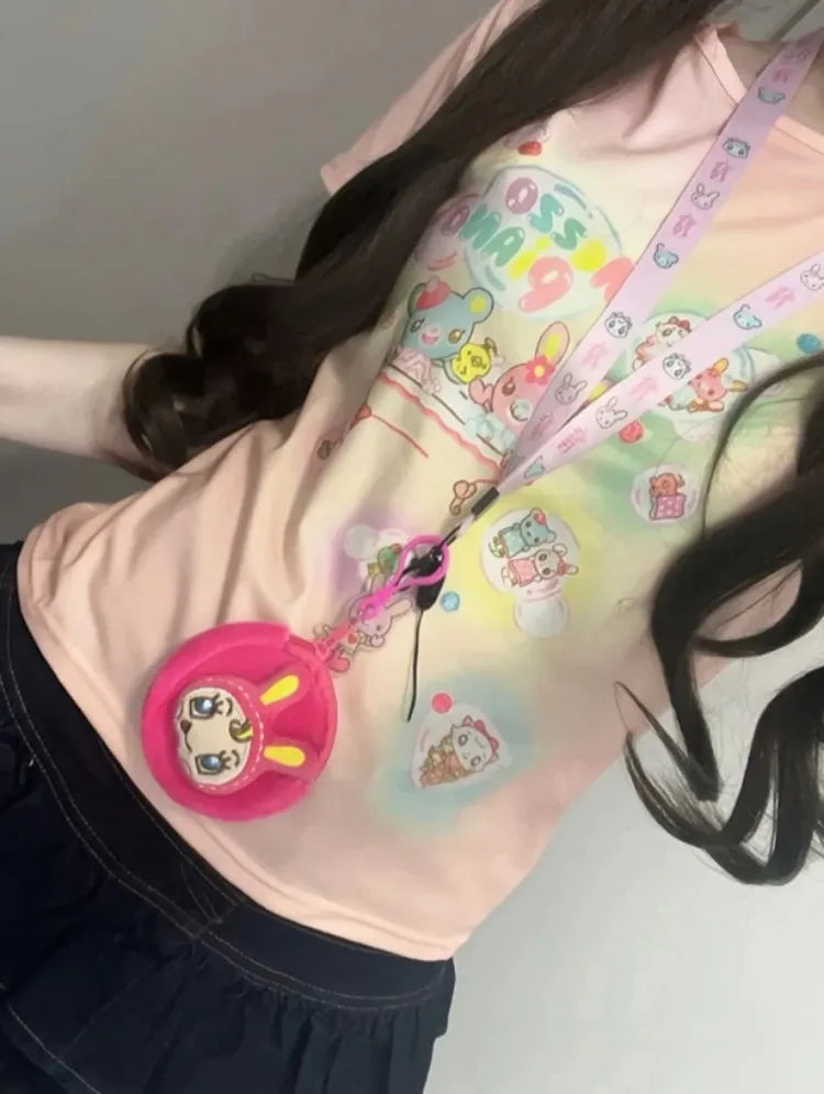 Japanese Kawaii Cartoon Printing Tops Women Harajuku Summer Patchwork Casual Loose T-shirt Y2k Aesthetic Fairy Grunge Cute Tees