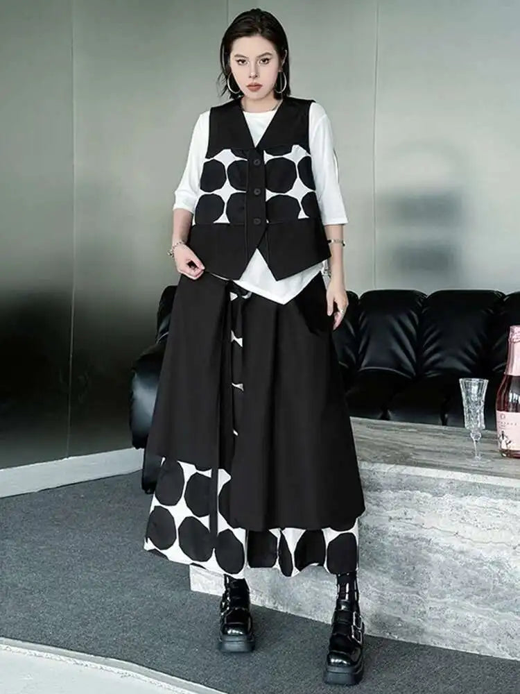 Big Size Black Dot Vest Wide Leg Pants Two Piece Suit New V-Neck Sleeveless Women Fashion Tide Spring Autumn 2025 1DJ1039