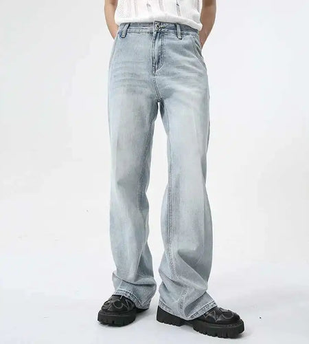 Minimalist Men's Jeans Solid Color Washed Boot Cut Trousers Straight Loose Wide Leg Male Bottom High Street Menwear 9C5978
