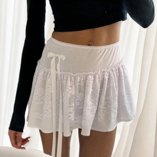 Load image into Gallery viewer, Korean Fashion White A-Line Mini Skirt Lace Patchwork Sweet Bow Asymmetrical Summer Skirts Women Ruched Preppy Girls
