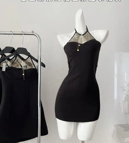 Summer 2024 Black Patchwork Lace Sleeveless Backless Elegant Sexy Club Halter Short Dress Women Festival Hollow Out  Party Dress