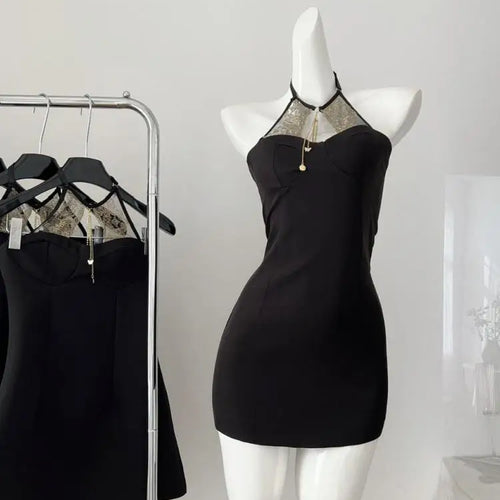 Load image into Gallery viewer, Summer 2024 Black Patchwork Lace Sleeveless Backless Elegant Sexy Club Halter Short Dress Women Festival Hollow Out  Party Dress
