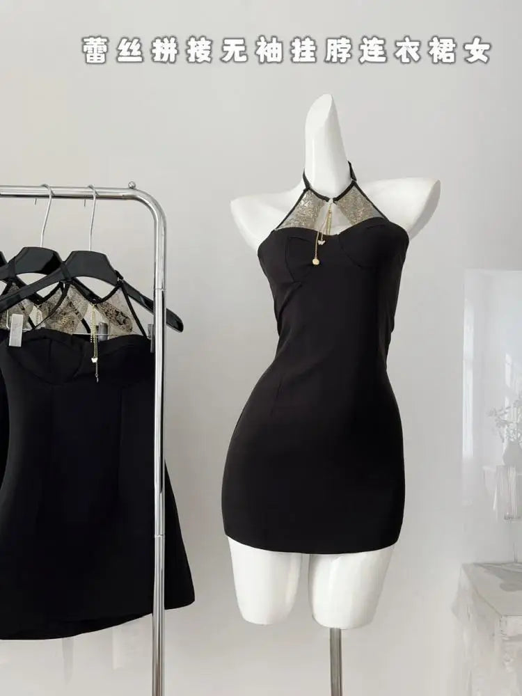 Summer 2024 Black Patchwork Lace Sleeveless Backless Elegant Sexy Club Halter Short Dress Women Festival Hollow Out  Party Dress