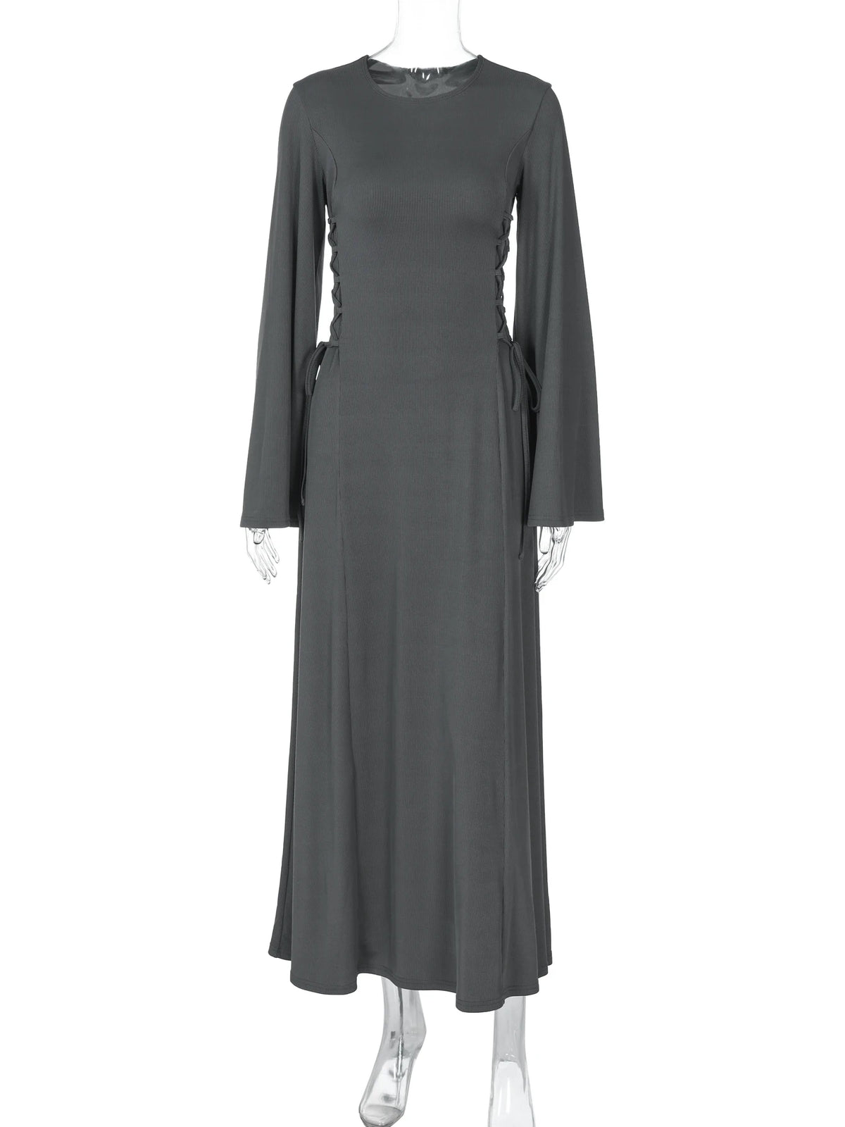 Ribbed Solid O Neck Long Flare Sleeve Bandage Sexy Bodycom Maxi Dress Fall Elegant Y2K Outfits Birthday Party Outfits