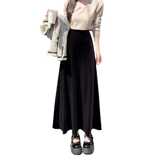 Load image into Gallery viewer, Korean Style Women Red Elegant Vacation Pleated Long Skirt 2024 Autumn Winter New Black High Waist Party Velvet Skirt Thick Chic
