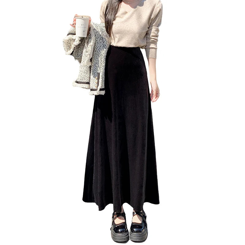 Korean Style Women Red Elegant Vacation Pleated Long Skirt 2024 Autumn Winter New Black High Waist Party Velvet Skirt Thick Chic