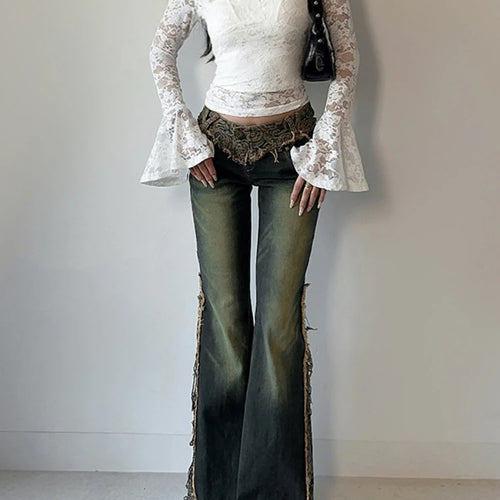 Load image into Gallery viewer, Lace Embroidery Flower Bodycon Shirts Spring Women Y2k Aesthetic Flare Sleeve Vintage T-shirt Grunge Sexy Cropped Fairy Tops
