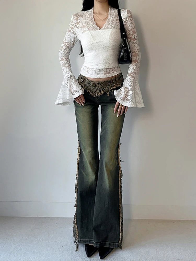 Lace Embroidery Flower Bodycon Shirts Spring Women Y2k Aesthetic Flare Sleeve Vintage T-shirt Grunge Sexy Cropped Fairy Tops