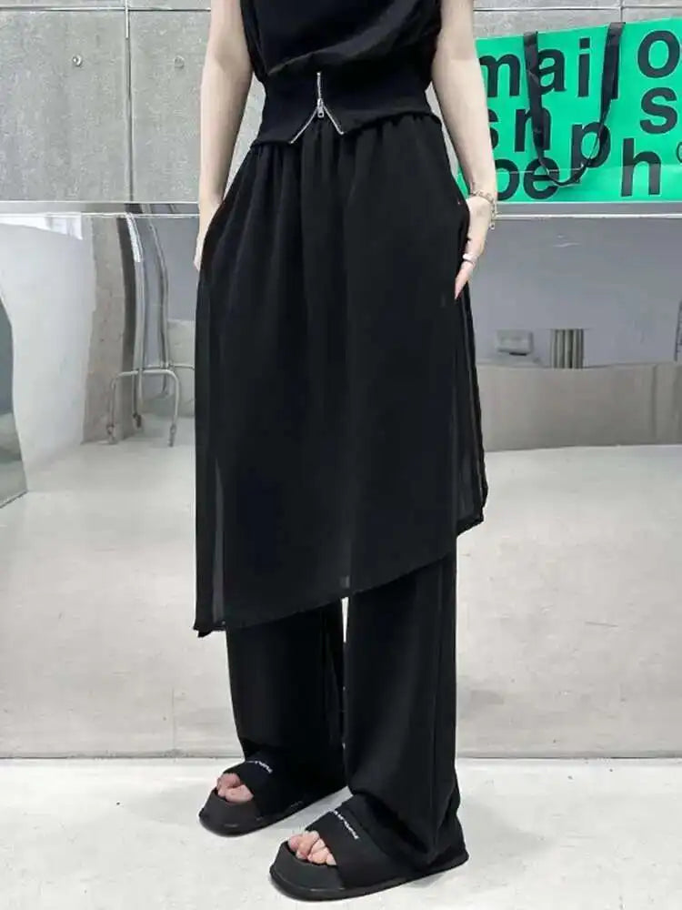 High Elastic Waist Black Mesh Irreuglar Wide Leg Pants New Loose Fit Trousers Women Fashion Spring Autumn 2025 1DH4385