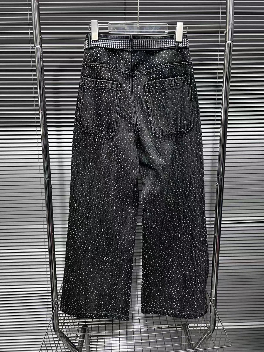 Patchwork Diamonds High Street Pants For Women High Waist Wide Leg Spliced Belt Long Trouser Female Fashion Autumn