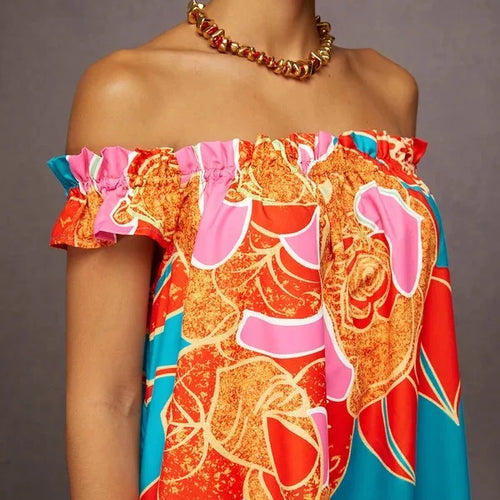 Load image into Gallery viewer, Women Vintage Print Dress 2025 Summer Vacations Split-joint Sexy Off-the-shoulder Maxi Dresses for Woman with Pockets
