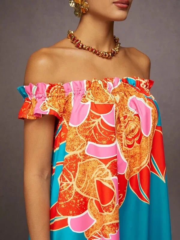 Women Vintage Print Dress 2025 Summer Vacations Split-joint Sexy Off-the-shoulder Maxi Dresses for Woman with Pockets