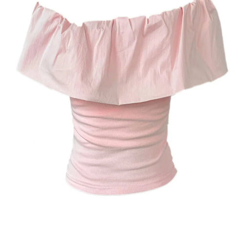 Load image into Gallery viewer, Women White pink Color Ruffles Elegant Slim T-shirt New Slash Neck Short Sleeve Fashion Tide Spring Summer 2025 1DJ1726
