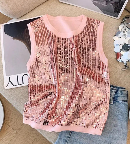 Black Beige High End Sequin Knitted Sleeveless Tops Women's 2024 Summer New Retro Pink Elegant Vacation Vest Popular Fashion Y2k