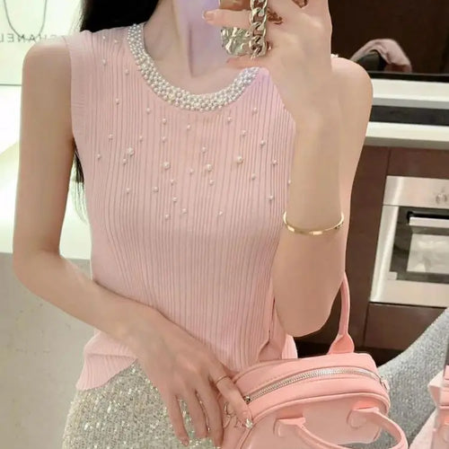 Load image into Gallery viewer, Vintage Solid Pearl Beaded Vest Women Sexy Club Elegant Chic Knitwear 2024 Summer Sleeveless O-neck Slim Tank Tops Popular Trend
