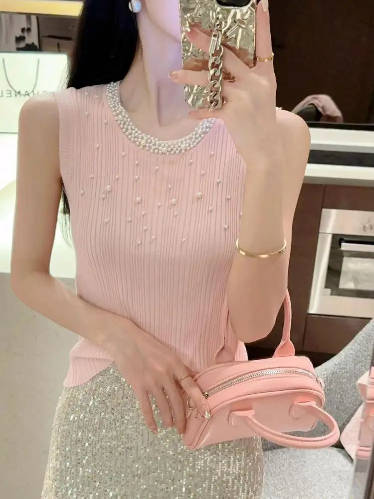 Vintage Solid Pearl Beaded Vest Women Sexy Club Elegant Chic Knitwear 2024 Summer Sleeveless O-neck Slim Tank Tops Popular Trend