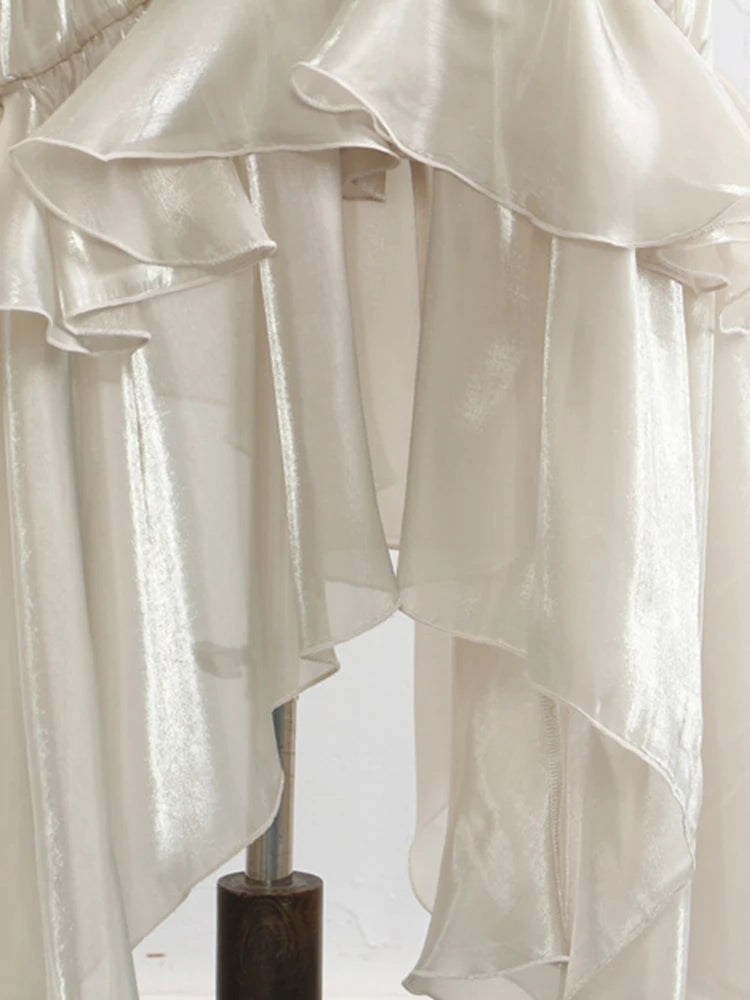 High Elastic Waist Champagne Glossy Ruffles Irregular Half-body Skirt Women Fashion Tide New Spring Autumn 2025 1DJ0349