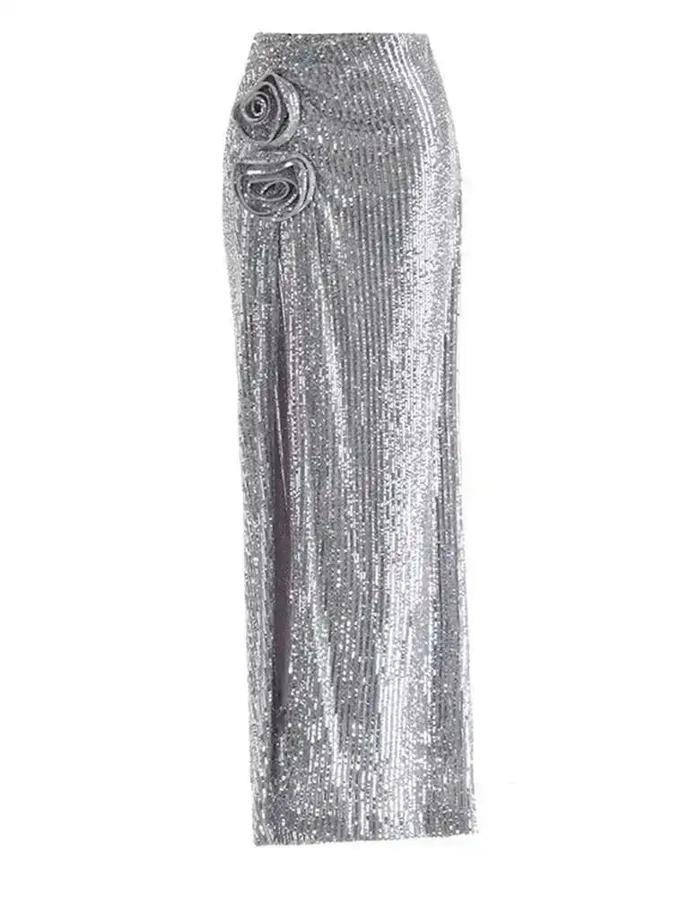 High Elastic Waist Red Sequins Flower Slit Elegant Long Half-body Skirt Women Fashion Tide New Spring Autumn 2025 1DH9121