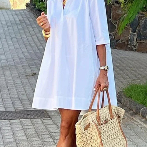 Load image into Gallery viewer, Women Midi Shirts Dress 2025 Summer Short Sleeves Black and White Polka Dot Daily Casual Simple Female A-line Dresses
