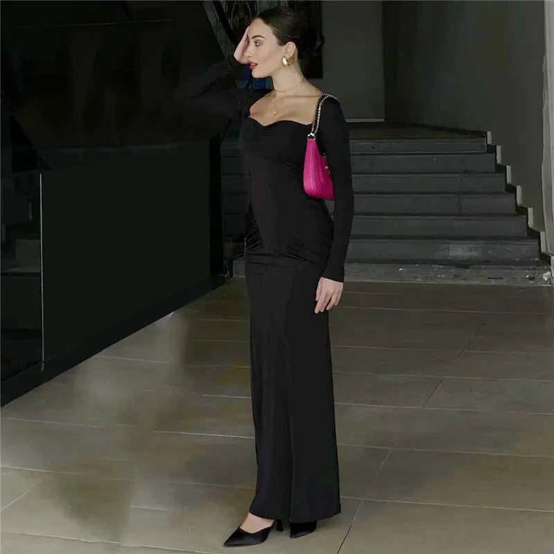 Square Collar Long Sleeve Sexy Long Dress For Women Gown Fashion Elegant Autumn Solid Bodycon Maxi Dress Clubwear