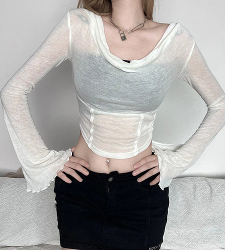 White Hooded Flare Sleeve T shirt for Women Stitch Casual Summer Tops y2k See Through Korean Fairycore Tees Clothing