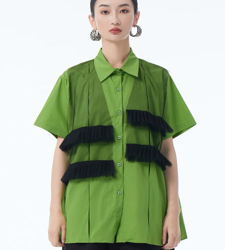 Women Blue Mesh Color-block Big Size Casual Blouse New Lapel Long Sleeve Shirt Fashion Tide Spring Autumn 2025 1DJ1248