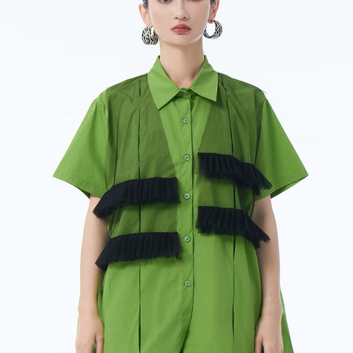 Load image into Gallery viewer, Women Blue Mesh Color-block Big Size Casual Blouse New Lapel Long Sleeve Shirt Fashion Tide Spring Autumn 2025 1DJ1248
