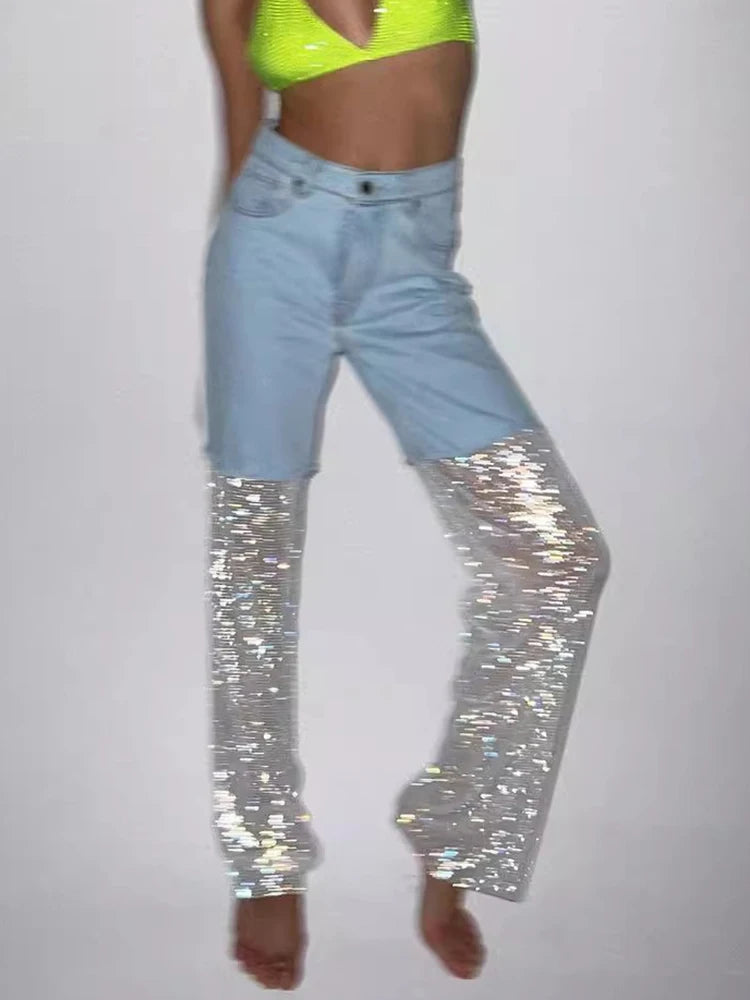 Spliced Mesh Diamonds Cut Out Denim Long Trouser For Women High Waist Patchwork Pockets Loose Straight Wide Leg Jeans Female
