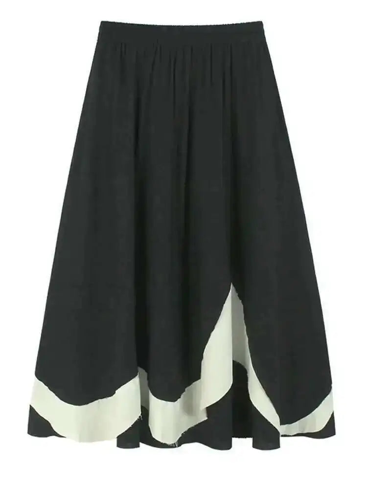 High Elastic Waist Apricot Color-block Irregular Hem A-line Skirt Women Fashion Tide New Spring Autumn 2025 1DH9961