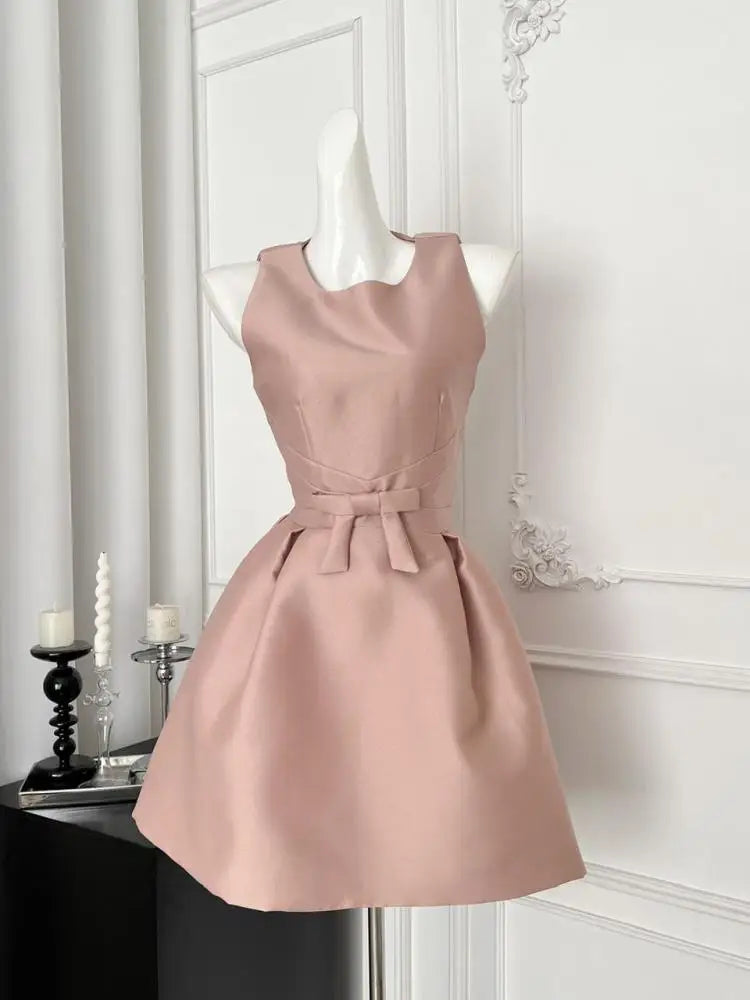 French 2025 Women Black Red Elegant Sleeveless Bow High Waist Short Vest Dress Summer Red Slim Holiday Birthday Party Mini Dress