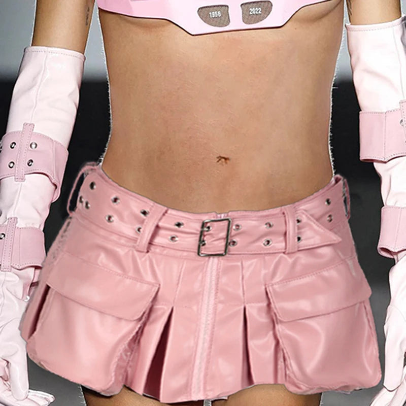 Cottagecore Fashion Pink PU Leather Skirt for Women Belt Low Waist Sweet Mini Pleated Skirt Super Short Hottie Bottom
